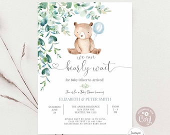 May include: A baby shower invitation with a watercolor illustration of a brown bear holding a blue balloon. The invitation says "We can bearly wait for Baby Oliver to arrive!" and includes the date, time, and location of the shower.
