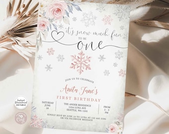 Editable First Birthday Snow Much Fun Winter Wonderland Pink Gray Snowflake Snowy First Birthday Party Template Instant Download K62V2 (5)