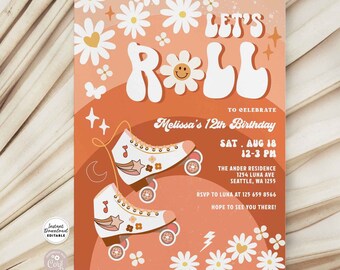 Editable ANY AGE Let's Roll Retro Groovy Roller Skate Birthday Party Invitation Daisy Rainbow Birthday Invite Instant Download 670K6 (1)