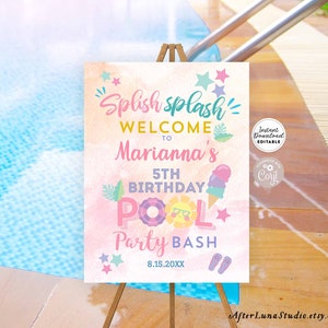 May include: A pink and blue pool party birthday sign with the text "Splish Splash Welcome to Marianna's 5th Birthday Pool Party Bash 8.15.20XX". The sign features a watercolor background with stars, ice cream cones, and a pool float.