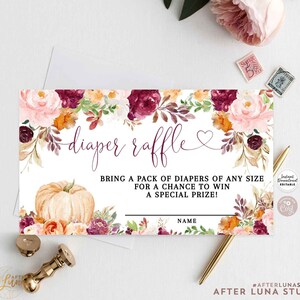 Modifiable Bourgogne Rose Automne Citrouille Baby Shower CoucheTte Billet Tombola Insérer Carte Tombola Modèle imprimable Insérer Téléchargement instantané AL28