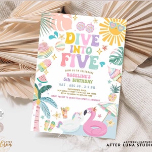 Editable Girl Tropical Dive into Five 5th Birthday Beach Party Invitation Pool Water Park Birthday Invite Digital Template 717K1 (5)