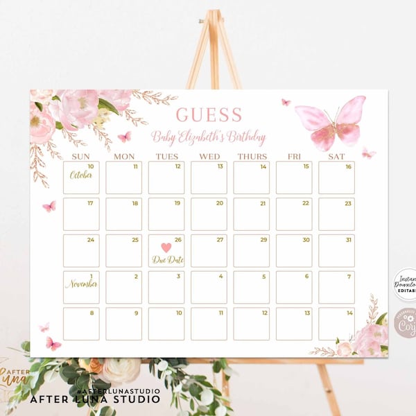 Editable Rose Gold Blush Pink Butterfly Baby Shower Sprinkle Due Date Calendar Guess Baby Birth Date Sign Template Instant Download 1406
