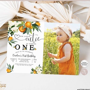 Editable Orange Citrus Little Cutie 1st Birthday Invitation Girl Little Cutie Photo Invite Printable Template Instant Download 248KID (1)