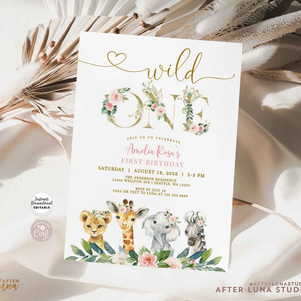 Editable Wild ONE Birthday Invitation Blush Pink Gold Girl Safari Birthday Invite Invitation Printable Template Instant Download 20V2KID (3)