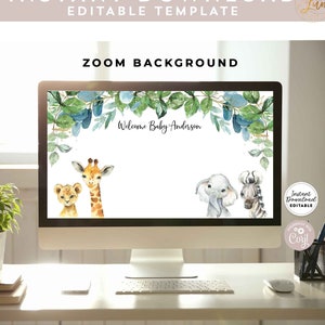 Editable Safari Animal Zoom Background Oh Baby Shower Sprinkle Gender Neutral African Zebra Giraffe Shower Invite Instant Download AL20