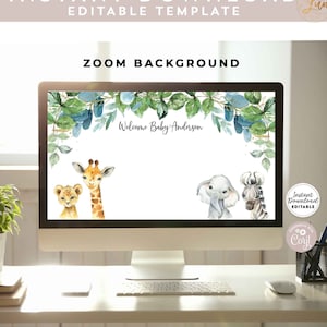 Editable Safari Animal Zoom Background Oh Baby Shower Sprinkle Gender Neutral African Zebra Giraffe Shower Invite Instant Download AL20