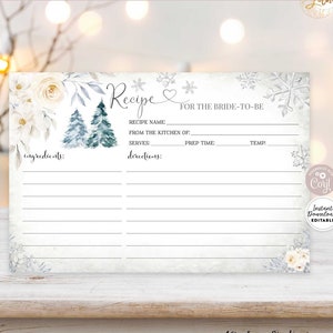 Cartão de receita de floco de neve de inverno personalizado editável para a noiva ser um novo modelo de receita de casamento para impressão, download instantâneo 62BR1