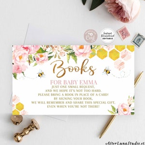 Bearbeitbare Honig-Rosa-Biene-Babyparty-personalisierte Buchanfrage Biene bringen ein Buch anstelle der Karte Druckbare Vorlage bearbeitbar 1574V2