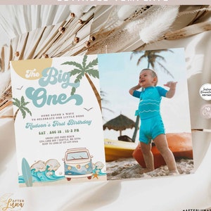 Editable Boy The Big One Surfing 1st Birthday Party Invitation Retro Boy Surf Van Surfboard Beach Party Invite Instant Download 661K3 (1-4)