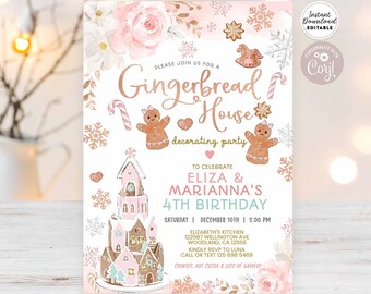 Editable Gingerbread House Decorating Birthday invitation Pink Rose Gold Twins Joint Girl Birthday Invite Template Instant Download 154 (3)
