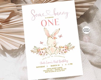 Editable ANY AGE Some Bunny is One Birthday Invitation Rabbit Birthday Invitation Easter Bunny Invite Template Instant Download 934K1 (1)
