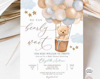 Editable Teddy Bear Hot Air Balloon Baby Shower Invitation Blue Tan Beige We Can Bearly Wait Invites Template Instant Download 905V1 (1)