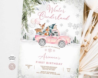Pink Truck Winter Woodland 1st Birthday Invitation: Snowflake Winter Onederland Invite Template 1319K2