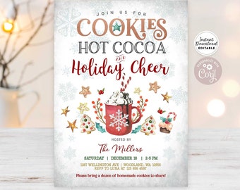 Könnte beinhalten: Eine druckbare Einladung zu einer Weihnachtsfeier mit Keksen und heißer Schokolade. Die Einladung zeigt eine rote Tasse mit heißer Schokolade und Schlagsahne, umgeben von Lebkuchen, Zuckerstangen und Schneeflocken. Der Text lautet "Schließen Sie sich uns an für Kekse, heiße Schokolade und Weihnachtsfreude" und enthält Datum, Uhrzeit und Ort der Feier. Die Einladung wird von "The Millers" ausgerichtet und bittet die Gäste, ein Dutzend selbstgemachte Kekse zum Teilen mitzubringen.
