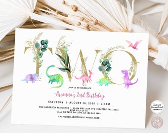 Pink Dinosaur Dino 2nd Birthday Invitation: Editable Dino Party Invite Template 438K2 (1)