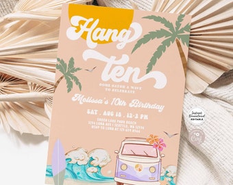 Editable 10th Birthday Hang Ten Purple Surfing Birthday Invite Girl Surf Van Surfboard Beach Party Invitation Instant Download 661K2 (2)