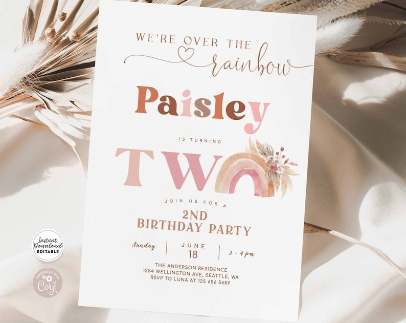 Editable 2nd Birthday Boho Rainbow Birthday Invitation Girl Hippie Earthy Pampas Grass Rainbow Invite Template Instant