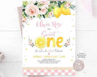 Editable Lemon Lemonade First Birthday Invitation Berry Sweet ONE Yellow Pink Picnic First Birthday Invite Invites Instant Download 1028