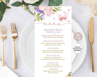 Editable ANY EVENT Purple Pink Butterfly Menu Printable Baby Shower Baptism Bridal Shower Birthday Printable Template Instant Download AL179