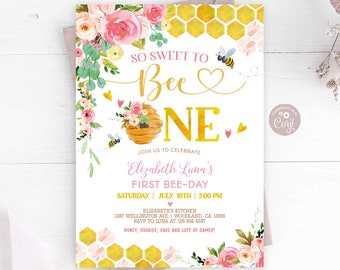 Bewerkbare Bee verjaardagsuitnodiging meisje roze bloemen Honey Bee 1e zo lief voor Bee één partij Bee-dag 1e verjaardag Instant Download 423KID