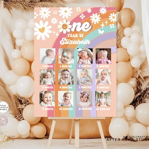 May include: A colourful printable first birthday milestone poster featuring a rainbow and daisies. The poster has 12 photo slots for monthly pictures of a baby. The text on the poster reads "One Year of Elizabeth".