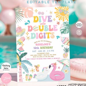 May include: A colorful invitation with the text "Dive into Double Digits" for a 10th birthday party. The design includes illustrations of a sun, ice cream, a flamingo, and other summer-themed elements. The invitation is editable.