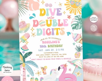 Editable Girl Tropical Dive into Double Digits 10th Birthday Beach Party Invitation Pool Water Park Birthday Digital Template 717K1 (10-2)