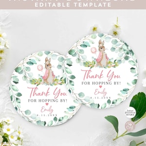 Editable Greenery Girl Pink Peter Rabbit Birthday Thank You Round Sticker Favor Tag Thanks for Hopping By Printable Instant Download 1455K2