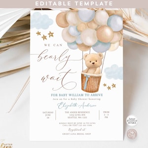 Editable Teddy Bear Hot Air Balloon Baby Shower Invitation Blue Tan Beige We Can Bearly Wait Invites Template Instant Download 905V1 (1)