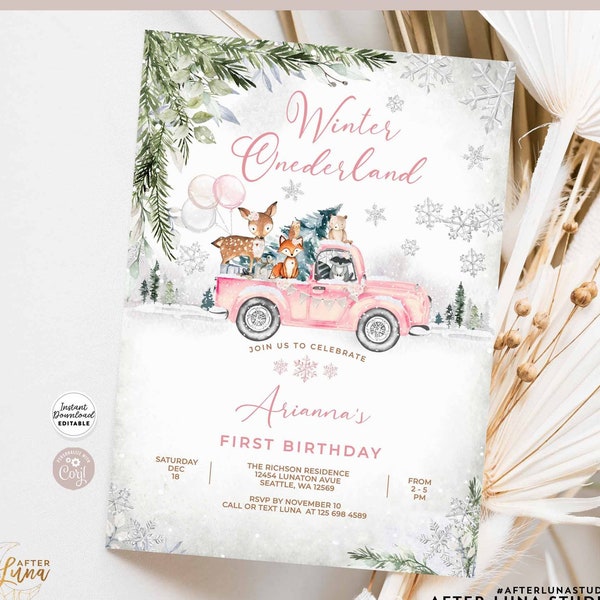 Editable Woodland Pink Snowflake Pink Truck Winter Woodland Onederland 1st Birthday Invite Invitation Template Instant Download 1319K2