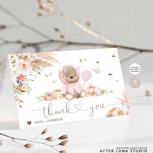 Editável personalizado pampas grama boho outono abóbora ursinho chá de bebê cartão dobrado modelo para impressão download instantâneo 445v1