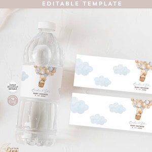Editable Blue Teddy Bear Hot Air Balloon Baby Shower Sprinkle Birthday Water Bottle Label Birthday Decor Decoration Instant Download 905V1