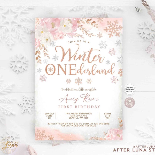 Editable Blush Pink Rose Gold Winter ONEderland Birthday Invitation Pink Snowflake First Birthday Invite Template Instant Download 129K
