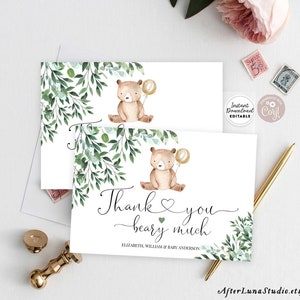 Modèle modifiable de carte plate de remerciement Bearly, de verdure, de ballons bruns, de carte plate de remerciement pour baby shower, téléchargement immédiat 1432V2
