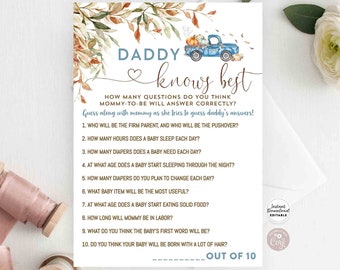 Editable Fall Blue Pumpkin Truck Dady Knows Best Zoom Virtual Baby Shower Sprinkle Game Games Template Instant Download 1261V1