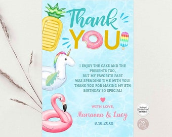 Editable Splish Splash Pool Side Party Birthday Thank You 4x6" Note Flat Card Pool Side Party Printable Template Instant Download 919V3