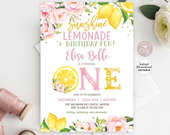 Editable Lemonade First Birthday Invitation Pink Lemon Birthday Invitation Sunshine Lemon Lemonade and Fun Invite Instant Download AL1490