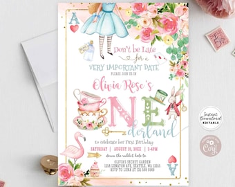 May include: Alice in Wonderland themed first birthday party invitation with a pink and blue colour scheme. The invitation features a watercolour illustration of Alice, the Mad Hatter, the White Rabbit, and a flamingo. The text on the invitation reads "Don't be Late for a Very Important Date. Please join us in Olivia Rose's Wonderland to celebrate her First Birthday. Saturday, August 10, 20XX | 2-4PM. Down the rabbit hole to Olivia's Secret Garden, 1258 Lunaton Ave, Seattle, WA 12555. RSVP to Luna at 125 569 8569."