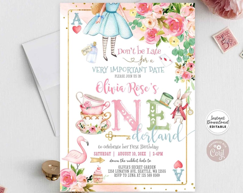 Editable Alice in Wonderland Invitation Alice in Onederland 1st Birthday Mad Tea Party Invite Printable Template Instant