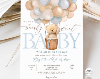 Editable Teddy Bear Hot Air Balloon Bear Theme Baby Shower Invitation We Can Bearly Wait Invites Template Instant Download 905V1 (2)