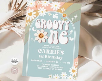 Editable Muted Green Blue Peach Groovy ONE 1st Birthday Invite Daisy Hippie 70's Retro 1st Birthday Invitation Instant Download 665K2 (1-1)