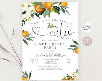 May include: A white card with a floral border of white flowers and orange citrus fruit. The text on the card reads "What will the little cutie be?" and "Please join us for a Gender Reveal Party honoring Carolina & Luke Walterson". The card also includes the date, time, and location of the party.