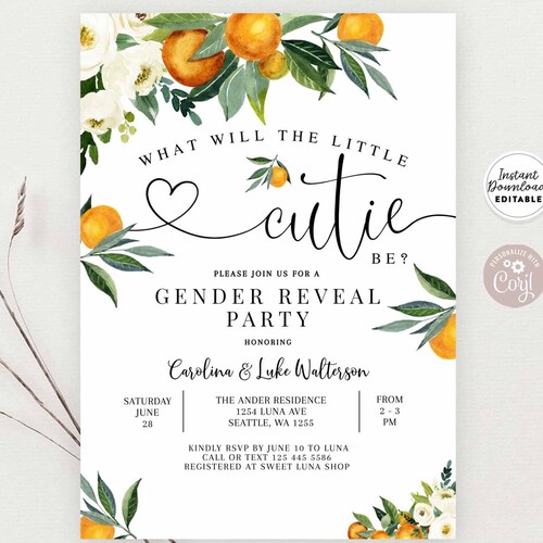 Editable Orange Gender Reveal Party Invitation A Little Cutie Etsy