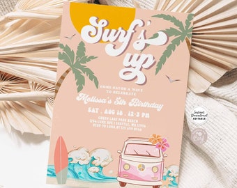 May include: A pink and white vintage van with a peace sign on the side, driving on a beach with blue waves and a surfboard. The van has flowers on the roof. The text "Surf's Up" is in a retro font on a peach background with palm trees. The text "Melissa's 5th Birthday" is below the palm trees. The text "Sat. Aug 18. 12-3 PM" is below the birthday text. The text "Green Lake Park Beach" is below the date and time. The text "1254 Luna Ave I Seattle, WA 12956" is below the beach name. The text "RSVP to Luna at 125 659 8566" is below the address. The text "Instant Download Editable" is in a white circle with a pink border. The text "Coyl" is in a white circle with a pink border. The text "#AfterLunaStudio" is below the van. The text "After Luna Studio" is below the hashtag.