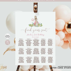 Bewerkbare Flopsy Bunny Pink Girl Peter Rabbit-zitplaatstabel Vind je stoel ELK EVENEMENT Bruidsdoop Verjaardag Sjabloon Instant Download 1476K1