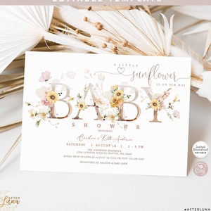 EDITABLE Blush Sunflower Baby Shower Invitation Baby Sprinkle Girl Shower Girl Sunflower Wildflower Pink Floral Invite Template 820V1 (1)