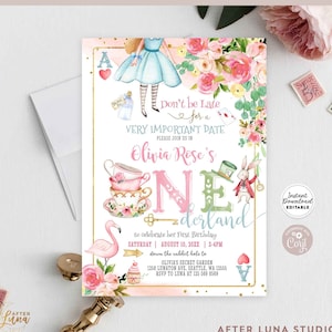 Editable Alice in Wonderland Invitation Alice in Onederland 1st Birthday Mad Tea Party Invite Printable Template Instant Download 789 (9)