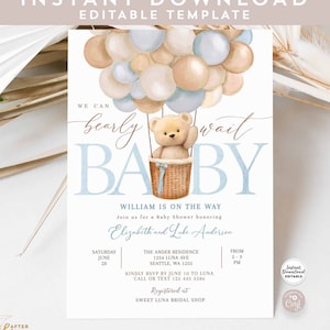 Editable Teddy Bear Hot Air Balloon Bear Theme Baby Shower Invitation We Can Bearly Wait Invites Template Instant Download 905V1 (2)