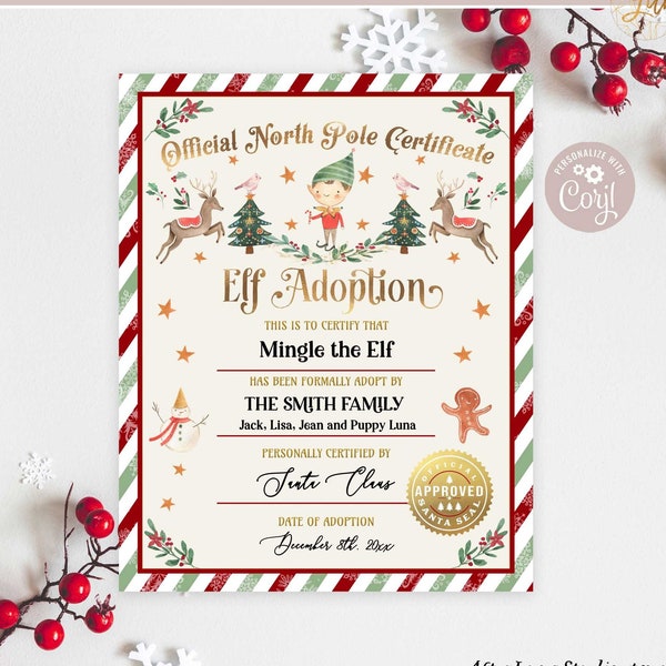 EDITABLE Boy Elf Adoption Certificate Editable Printable Elf Adoption Printable Elf Template Instant Download 215